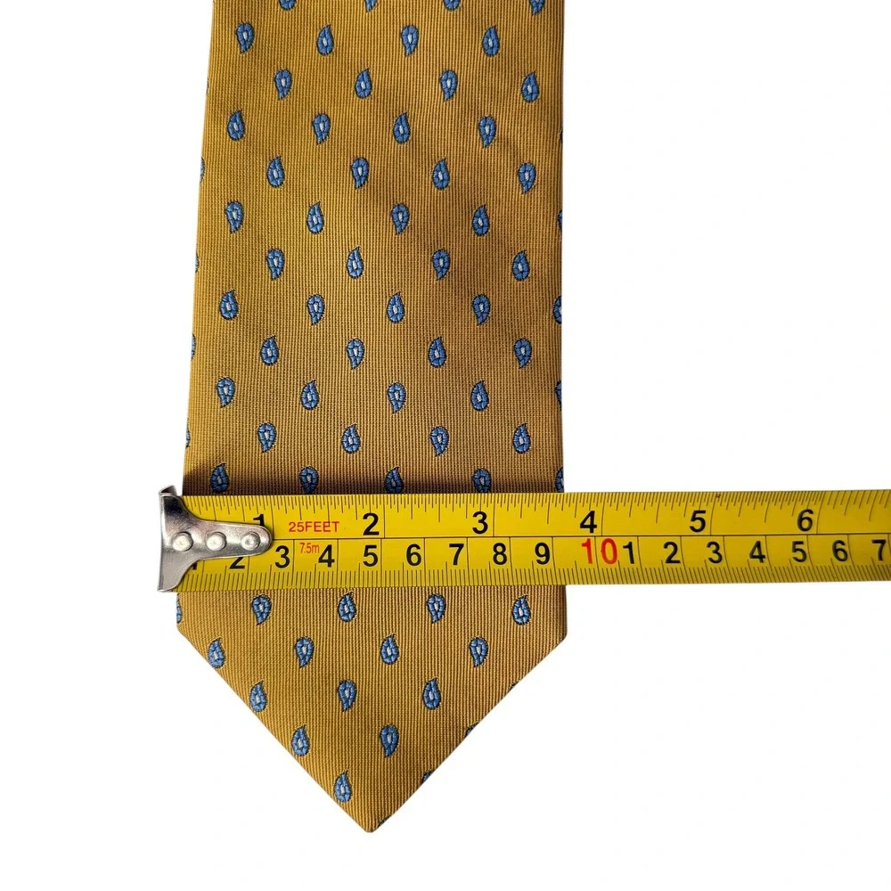 Brooks Brothers Mustard‎ Gold Paisley Silk Tie Blue Teardrop Stain Resistant USA